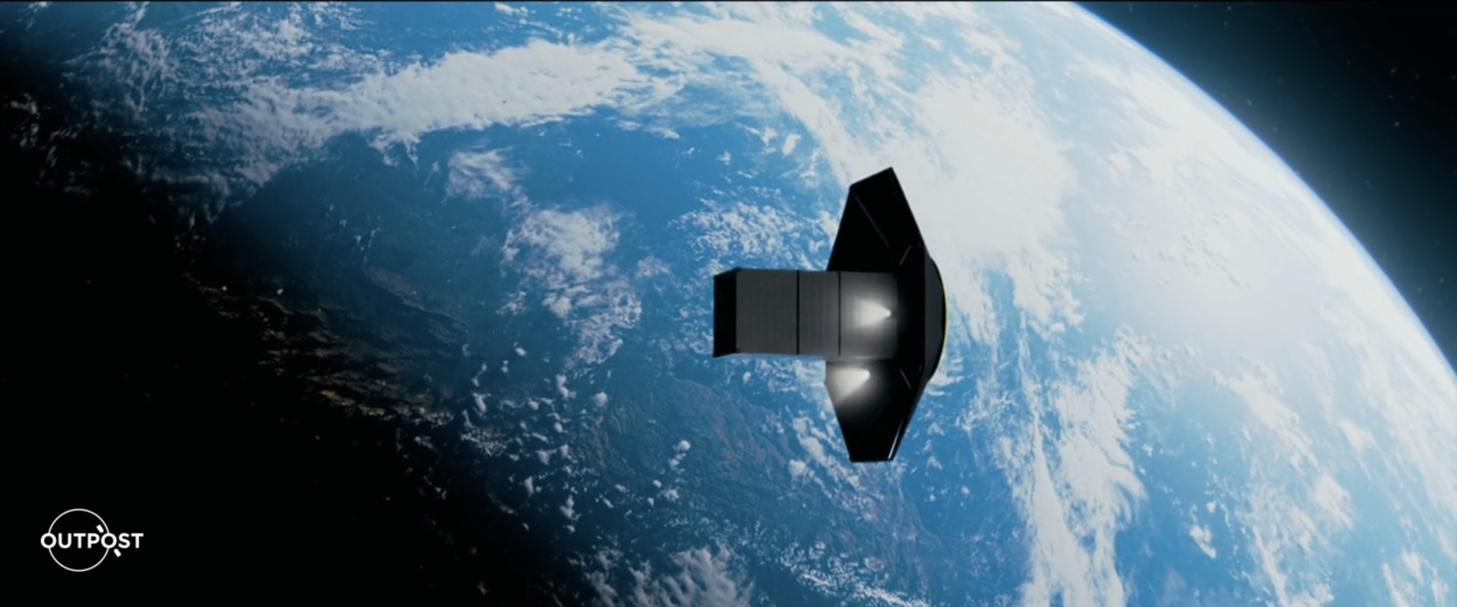 A satellite orbiting Earth with the planet's blue and white surface visible in the background. The Outpost logo is in the bottom left corner.